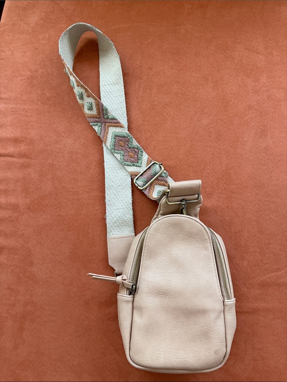 Anthropologie Neutral Blush Leather-Style Crossbody Sling with Woven Strap
